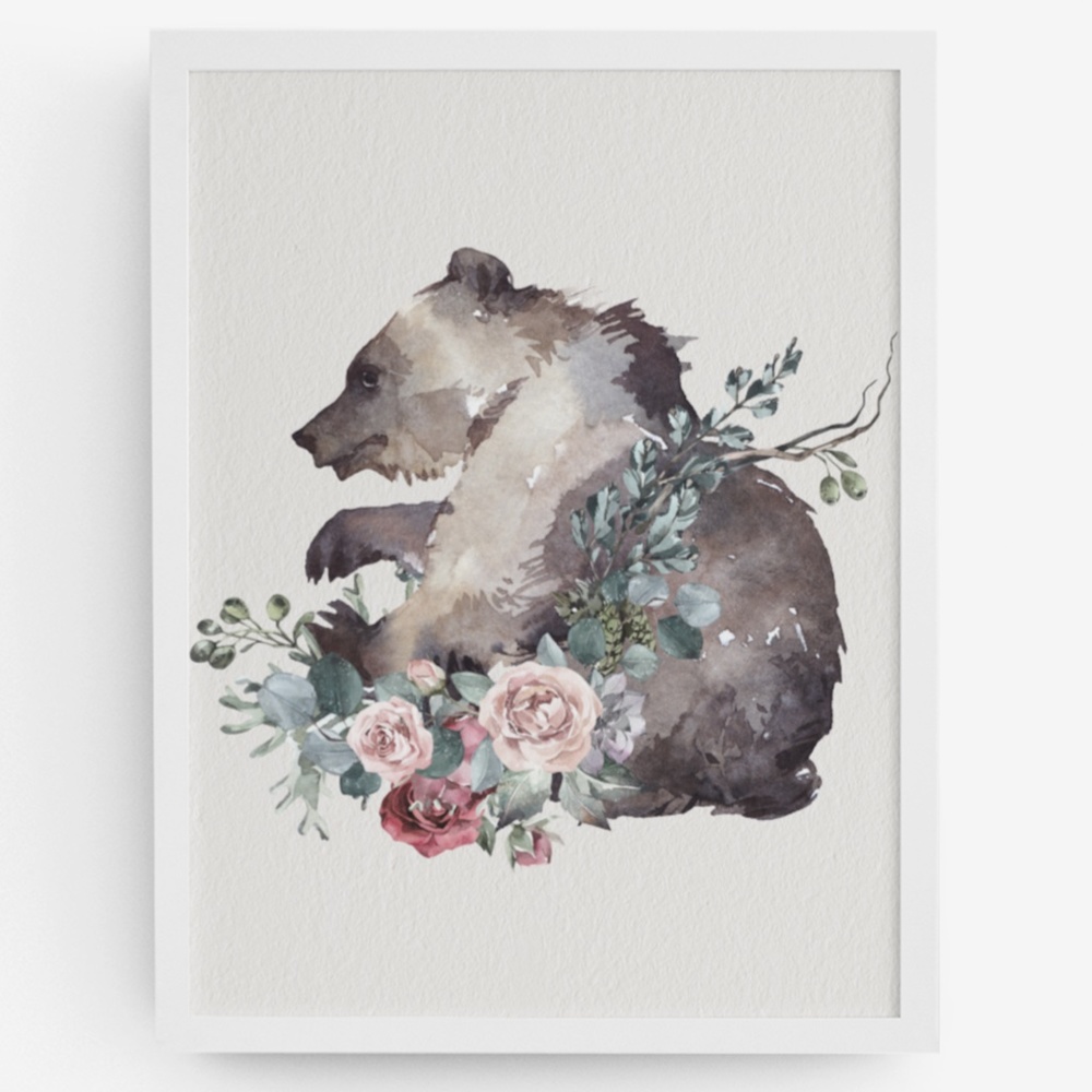 Watercolor Floral Bear Wall Art Print Poster Unframed - Picture 11 of 17